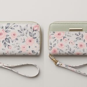 🌸 Floral Zip-Around Wristlet Wallet – Pink Rose Print, Multi-Card Organizer